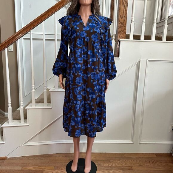 Adorable brown blue floral peasant midi dress - Picture 4 of 12